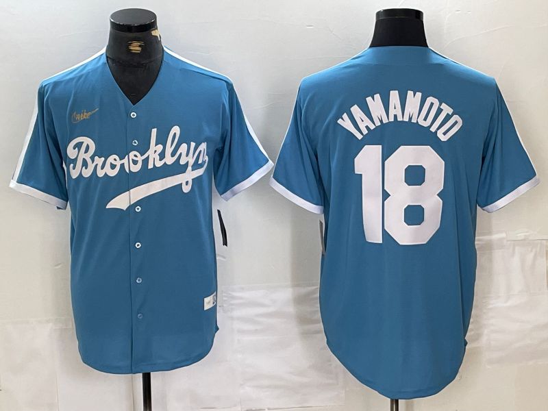 Men Los Angeles Dodgers #18 Yamamoto Light blue Throwback 2024 Nike MLB Jersey style 1